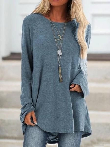OHF18wish autumn 2019 hot selling solid color casual large size round neck loose long-sleeved pullover T-shirt mid-length blue XXXL
