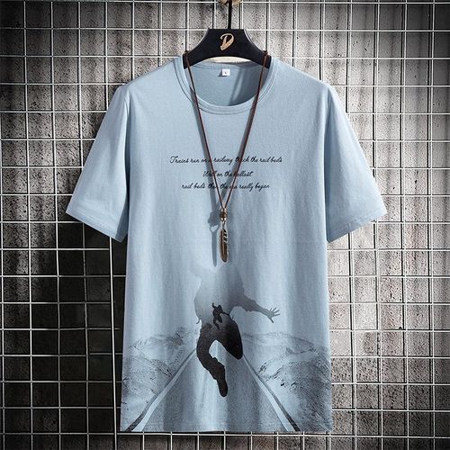 Men Summer Icon Printed Short Sleeve Round Neck T-shirt Cotton - Parkour Blue