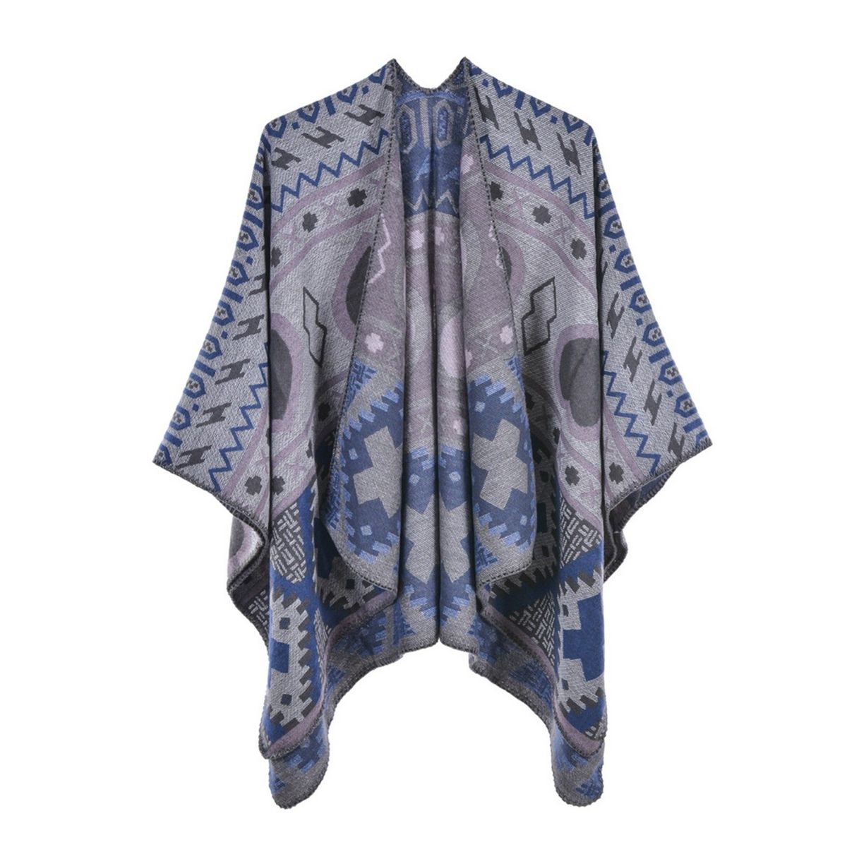 Shawl Wraps For Women Geometrical Pattern Open Front Poncho Cape Long Cardigan Sweater-blue