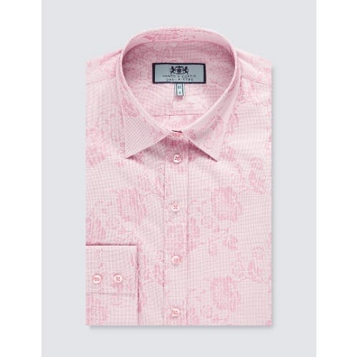Women's Pink & Light Pink Floral Jacquard Design Semi Fitted Shirt - Single Cuff