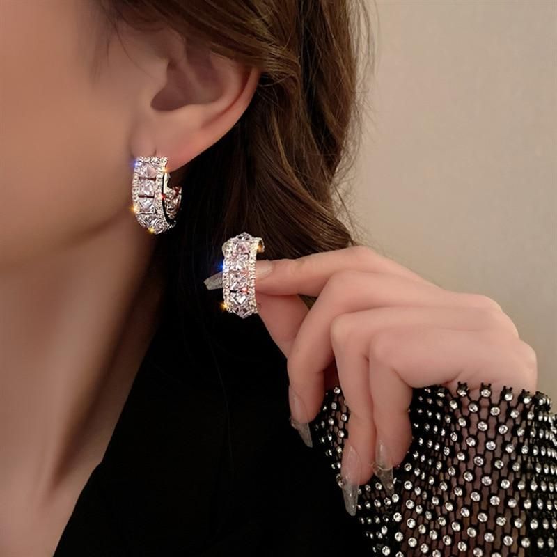 New Inlaid Zircon Silver Color C-Shaped Earrings for Women Personality Fashion Earrings Wedding Party Jewelry Birthday Gifts