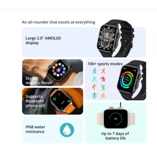 Colmi C81 2.0'' Amoled Smartwatch Support Aod, 100 Sports Modes - Ip68 Waterproof - Black