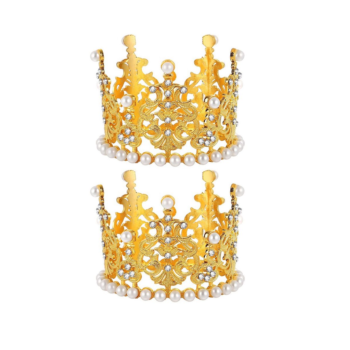 2Pcs Mini Crown Cake Topper Pearl Rhine Queen Princess