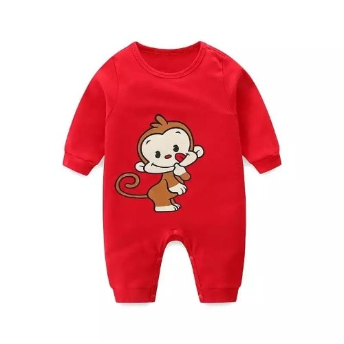 Unisex Pure Cotton Long Sleeve Monkey Romper - Red
