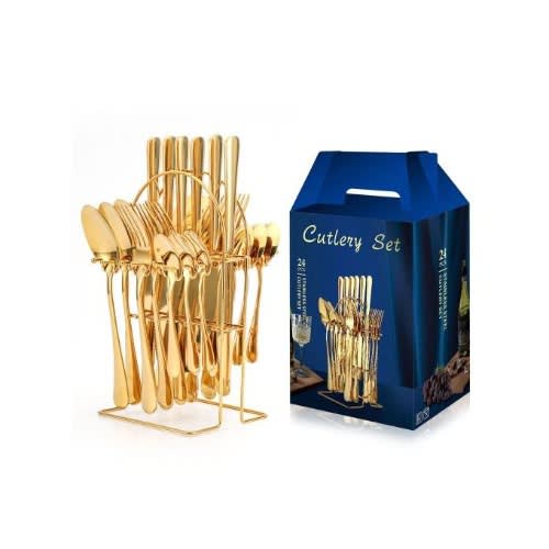 Gold Plated Stainless Steel Spoon & Fork Set & Rack - 24 Cultlery Set