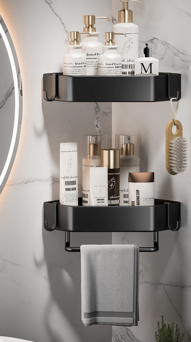 2Layer Corner Shelf Bathroom Storage Set +Towel Hanger Hooks