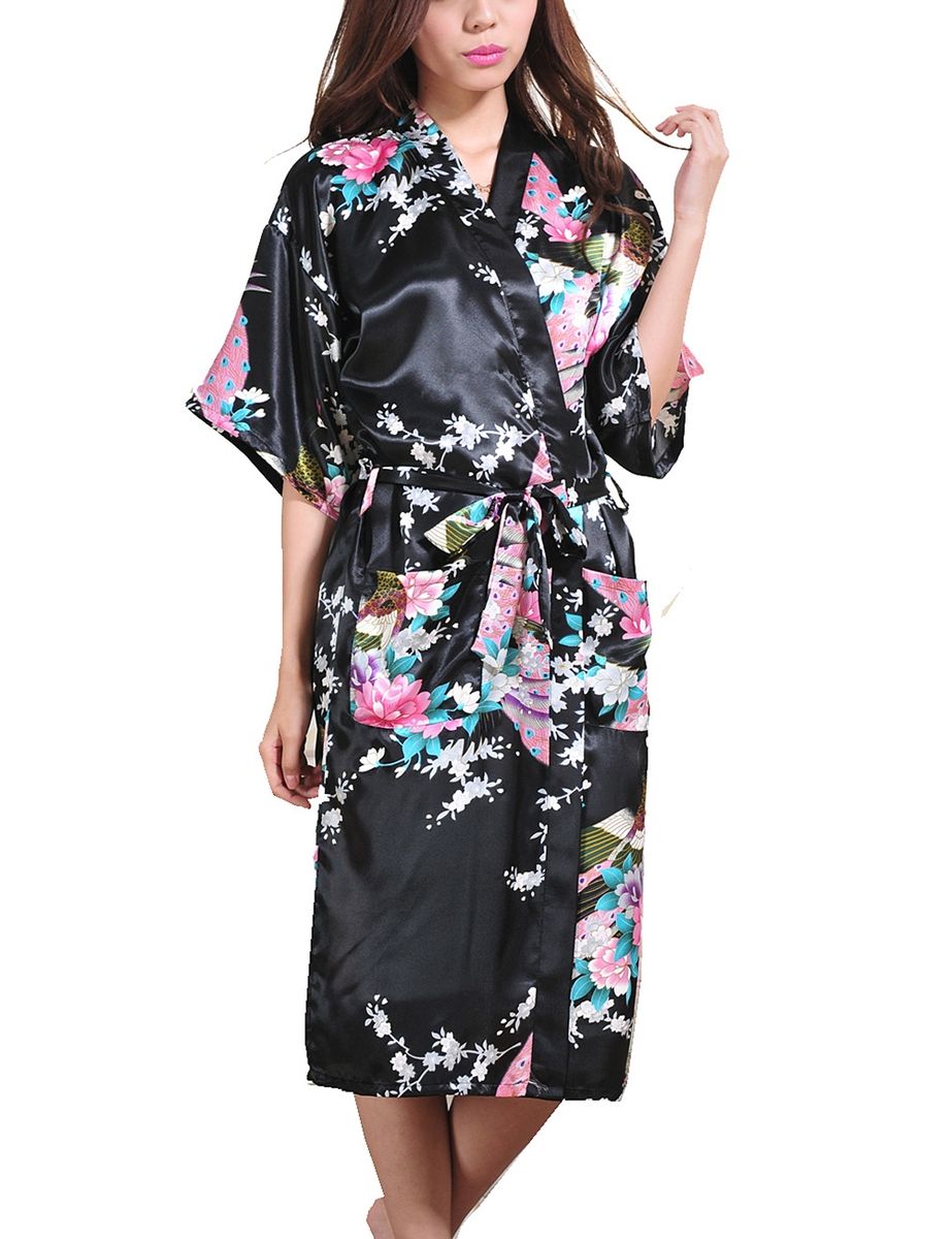 Women's Floral Hip-Length Kimono Robe Short Bathrobe Sleepwear (Black)