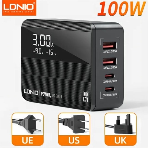 USB-C Charger Block With Led Display - 4-Port USB-C & USB-A - 100W Pd Fast Charger
