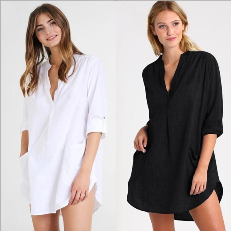 Human cotton stand collar, two side pockets, shirt style beach wear, holiday shirt, bikini jacket,