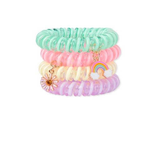Girls Rainbow Daisy Coil Bracelet With Rainbow Charms - 4pcs