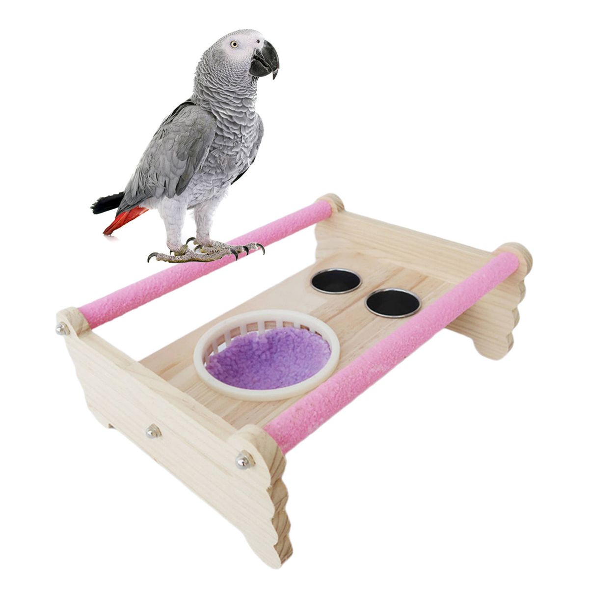 Parrot Perch Stand Birds W/ Food Water Bowl For Budgies Pink