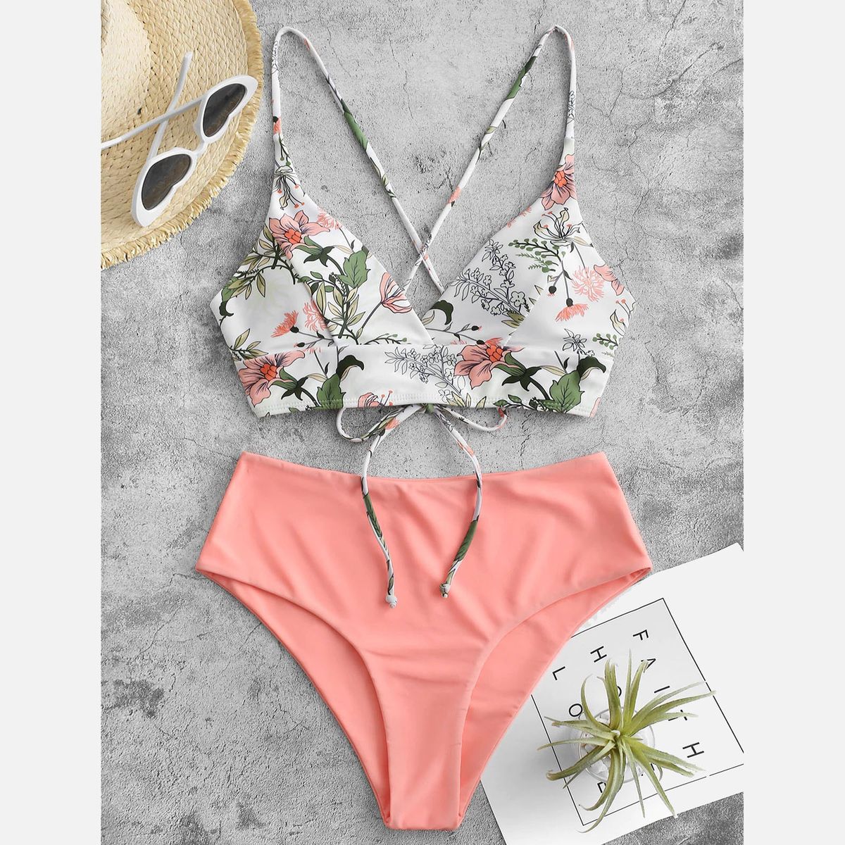 (Pink)Two Piece Swimsuit Bikini Women 2022 Summer Beach Wear Suit Female Flower