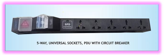 5-Way PDU, 5 Universal Sockets + Ind. Plug + Circuit Breaker