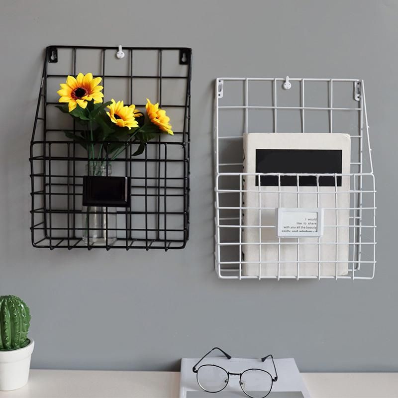 Metal Mesh Wire Shelf Hanging Folder Mail Document Organizer Newspaper Magazine Storage Shelf Wall Shelves (Black)
