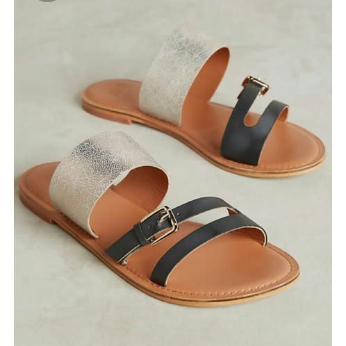 Female Silver Black Buckle Slippers