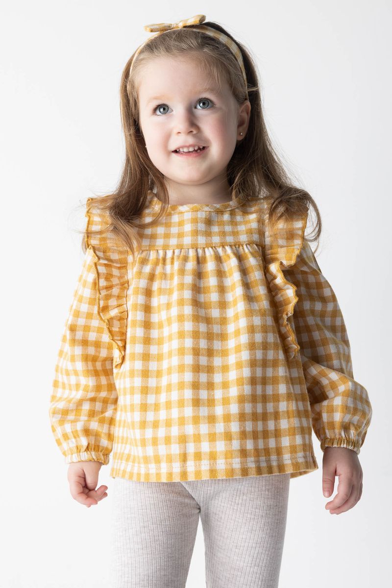 BabyGirl Casual Regular Fit Bike Neck Woven Long Sleeve Shirt - Yellow