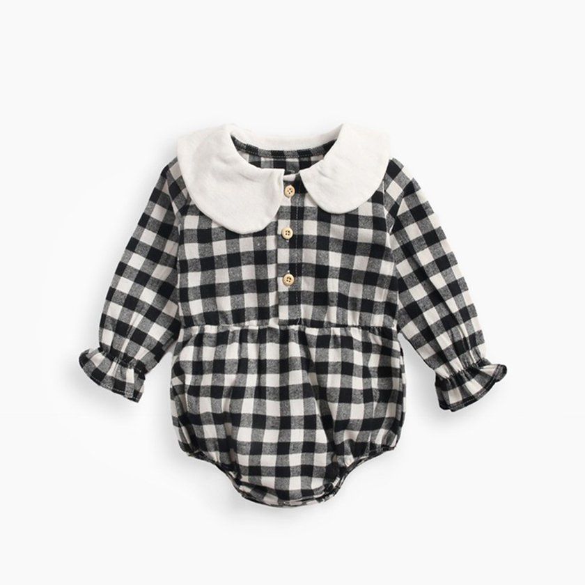 Autumn And Winter Baby Long Sleeves Triangle Onesies Plaid Baby Jumpsuit-Bla K & White-0-6月