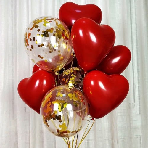 Heart Shaped 6 Pieces + 2 Glitter Balloons - Red