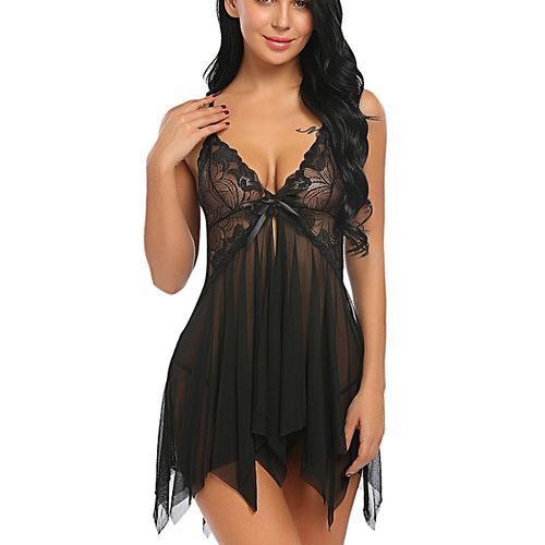 Women Sexy Lingerie Mesh Babydoll Floral Lace Patchwork Nightwear With G-string-Black