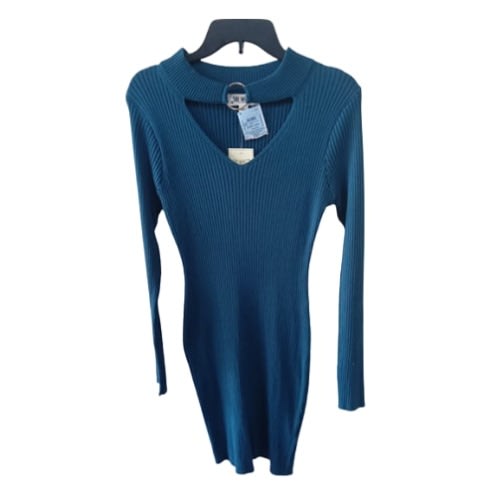 Ring On Neck Long Sleeve Crepe  Dress - Blue