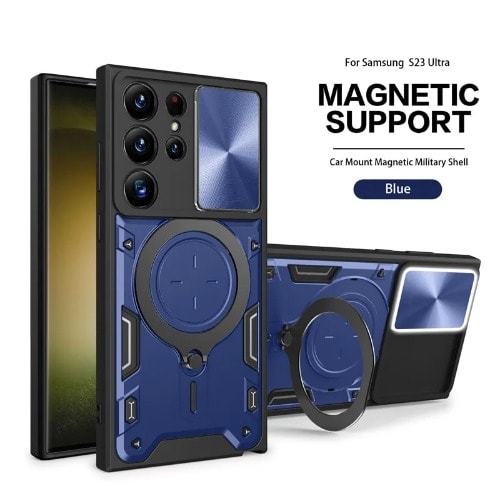 Samsung Galaxy S22 Ultra Slide Lens Shockproof Armor Case With Magnetic Holder - Blue