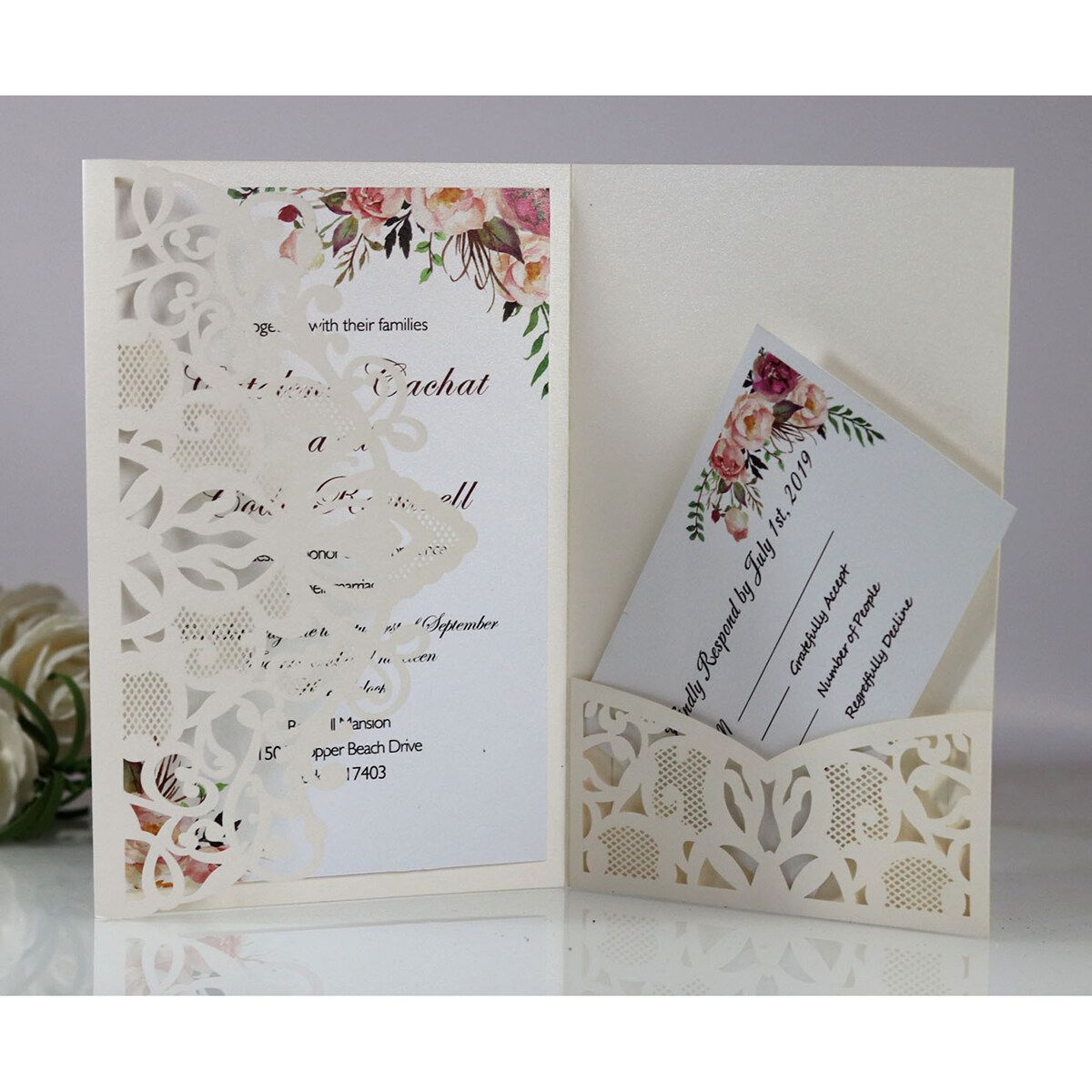 10Pcs Vintage Floral Design Invitation Cards Kit Laser Cut Greeting Card Business Wedding Anniversary Party Supplies Ivory White