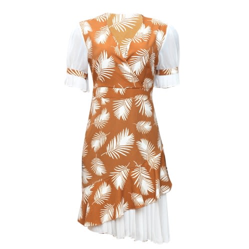 Brown And White Side Pleat Dress