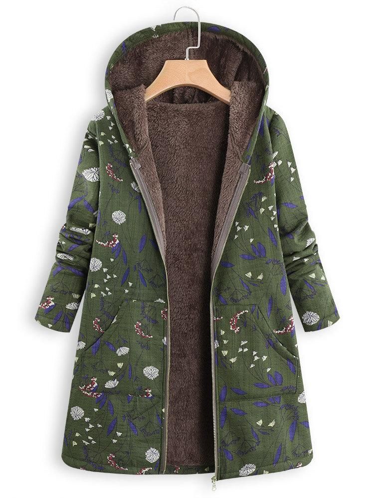 Floral Print Hooded Long Sleeve Pockets Vintage Jacket Coats