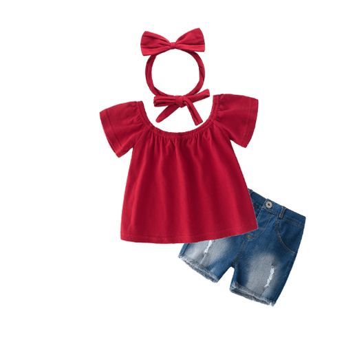 Girls Top Denim Shorts Hairband Three-piece Set