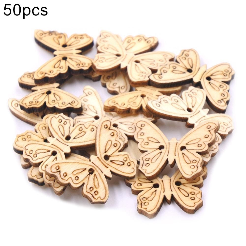 50Pcs Butterfly Shape Unpainted Wooden Buttons Sewing Scrapbooking Decoration-Log Color