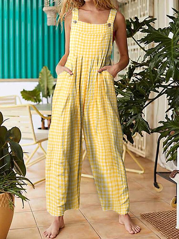 Women Sleeveless Plain Plaid Loose Side Pocket Casual Jumpsuits