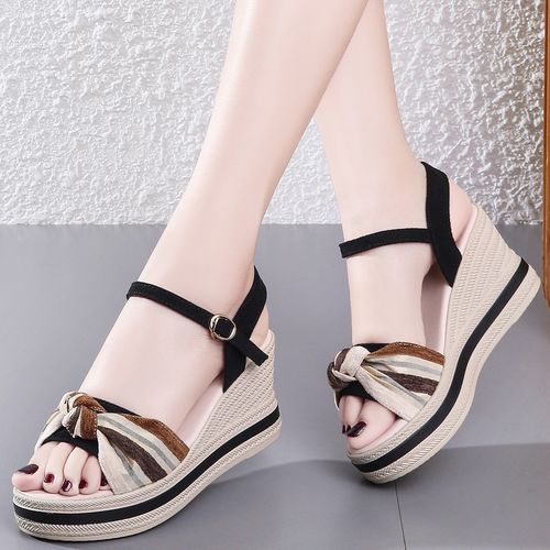 Summer Holiday Wedge Sandals Women Shoes Bohemian Style Elegant Platform Sandals Beach Shoes Buckle Strap Open Toe Sexy Ladies Shoes Woman Luxury Suede Leather Party Footwear Black