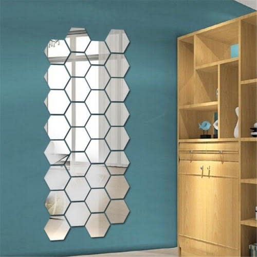 3d 9cm Mirror Hexagon Removable Wall Sticker - Silver - 12pcs