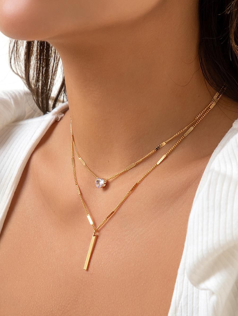 Women Two Layer Diamond Pendant Chain Necklace Gold