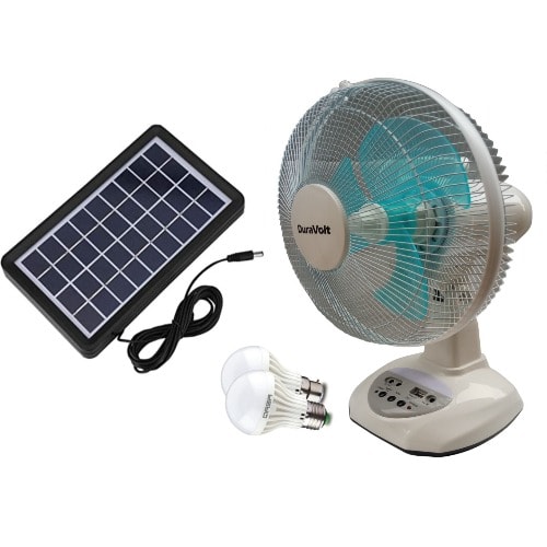 12" Rechargeable Fan With Solar Panel & Dc Led Bulbs