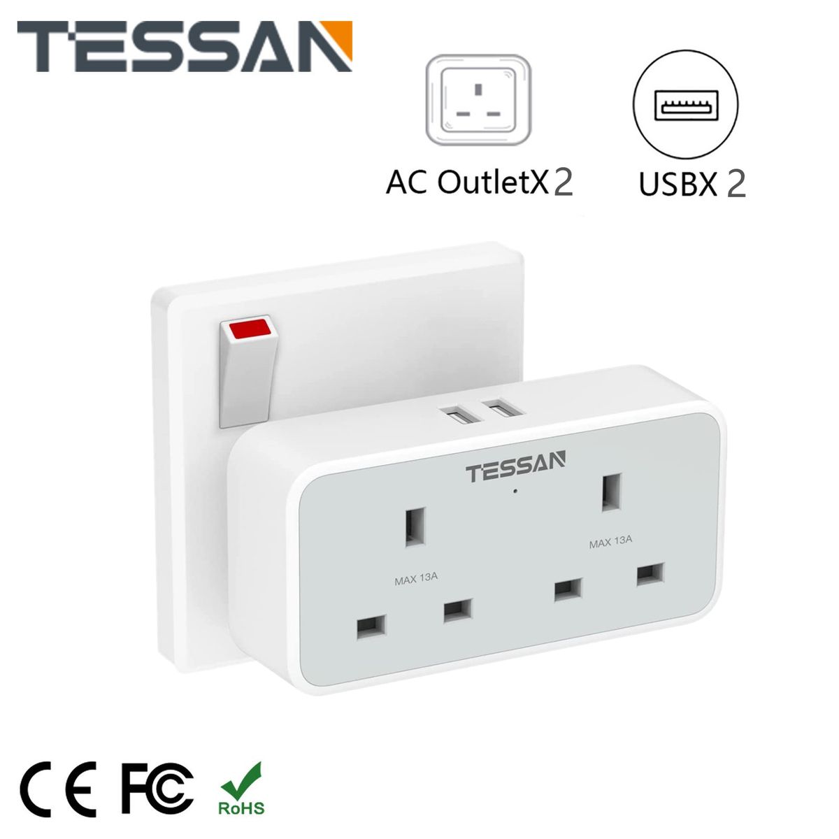 Double Plug Adaptor Wall Charger Multi Socket With 2 USB