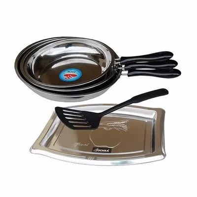 4 Set Frying Pan + Non Stick Spoon And Stainless Serving Tray