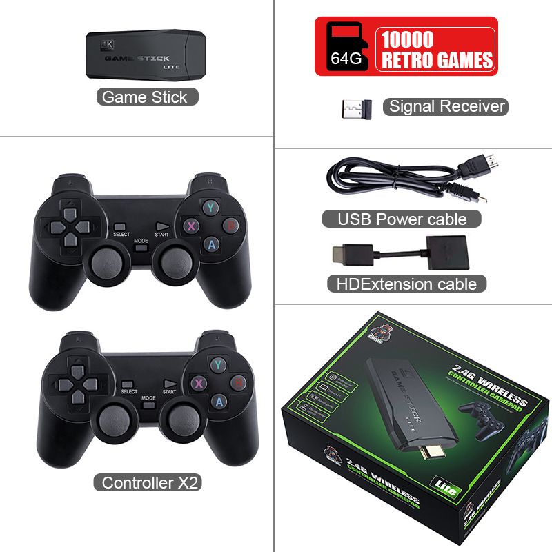 64G 4K HD Video Game Console 2.4G Double Wireless Controller For PS1/FC/GBA 10000 Games Stick