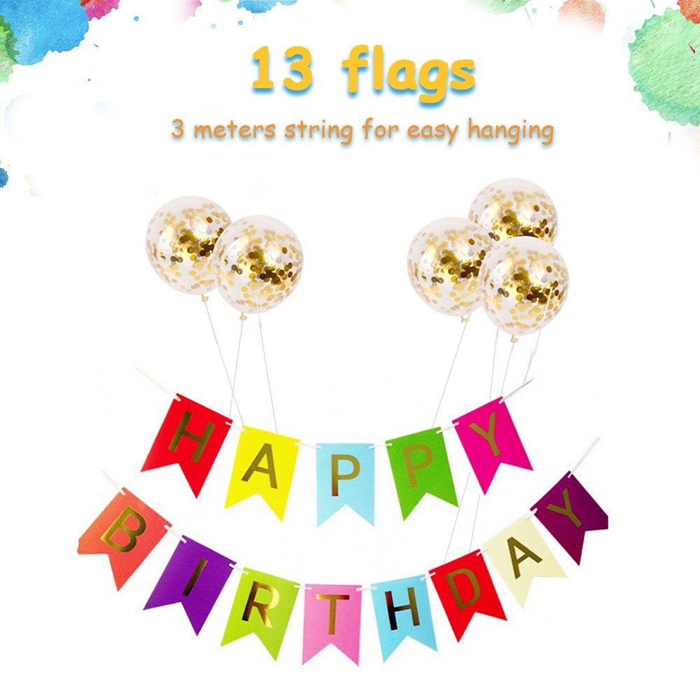 Happy Birthday Balloons Banner With 5 Pcs Gold Sequins