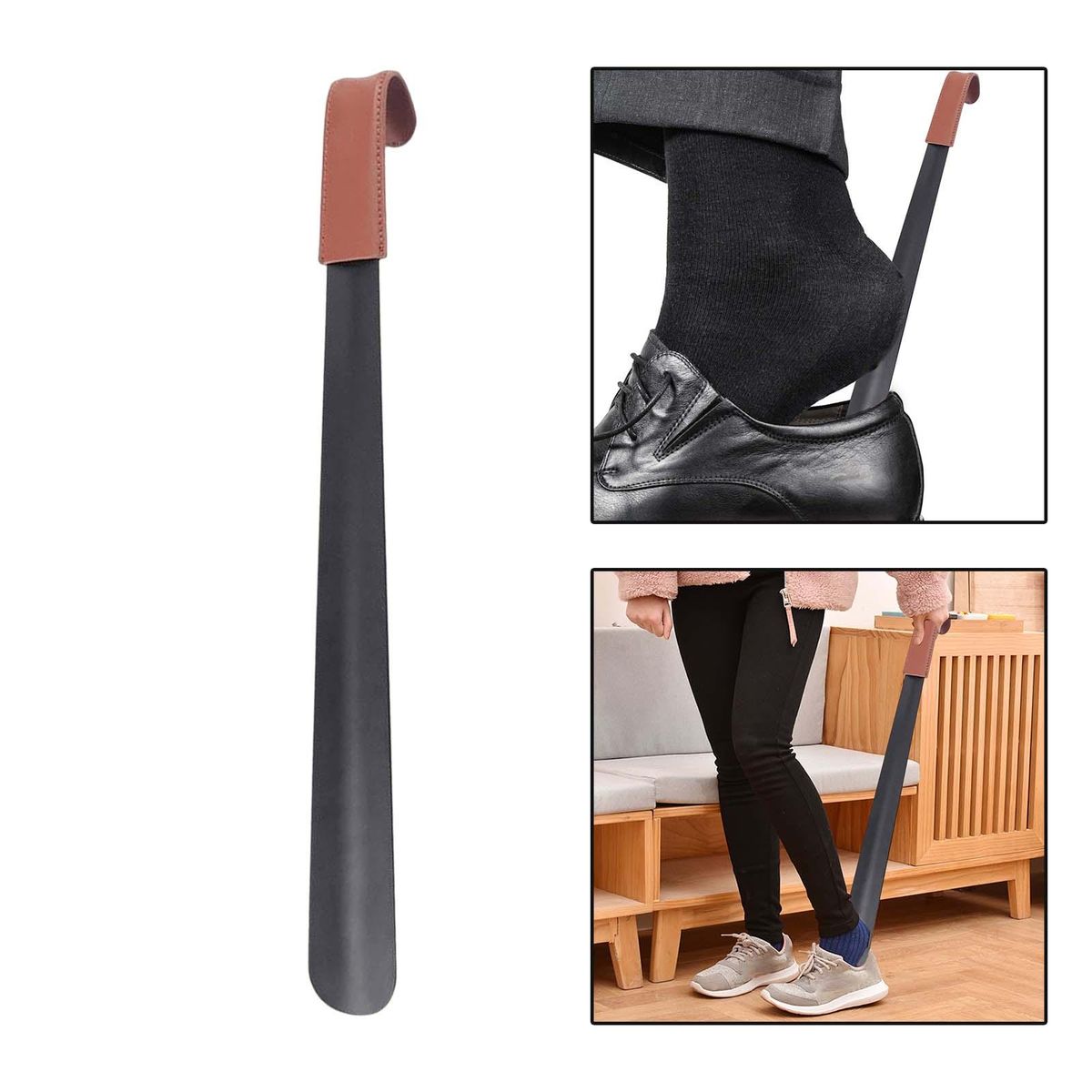 Portable Leather Shoehorn Long Handle Shoe Remover Brown