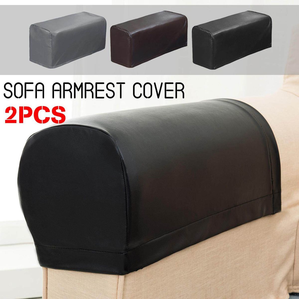 2PC PU Leather Furniture Sofa Armrest Covers Couch Chair Arm Protectors Stretchy Black