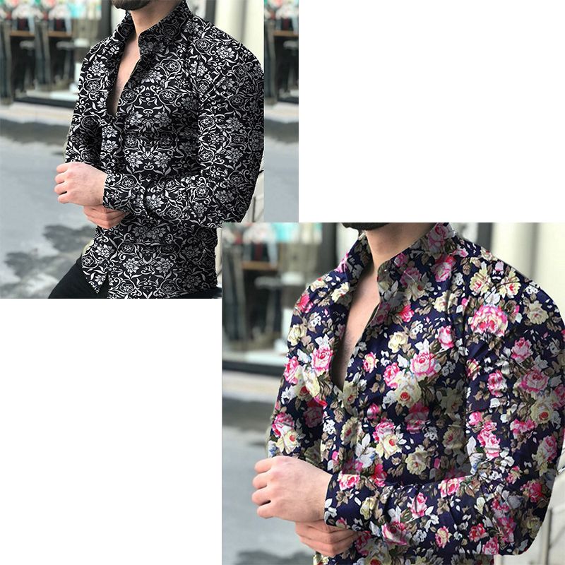 2-in-1 Men's Vintage Long Sleeve Flower Shirts