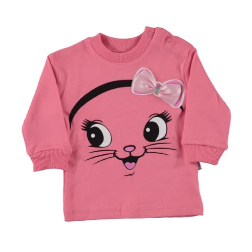 Baby Girl Sweatshirt  - Cat Face Ribbon - Pink