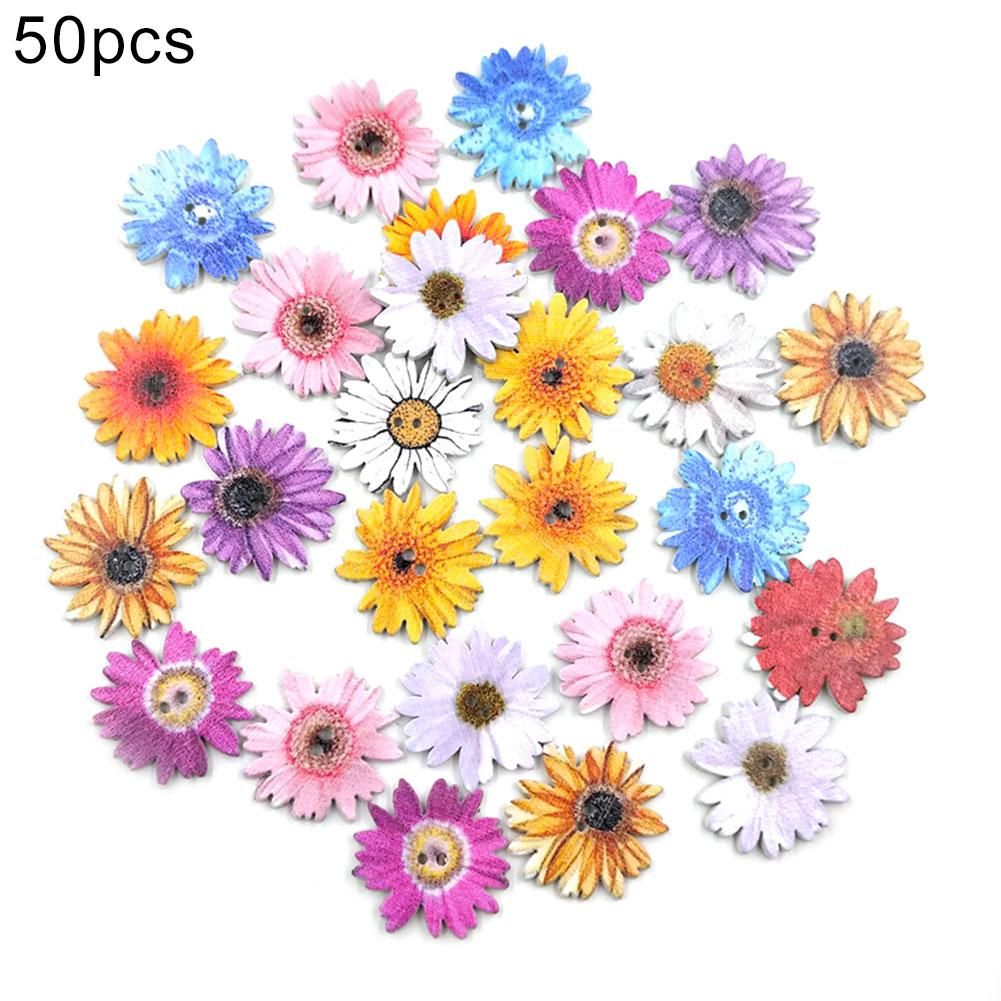 50Pcs Marguerite Shape 2 Holes Wooden Buttons Clothes Sewing Scrapbook Decor-Mix Color