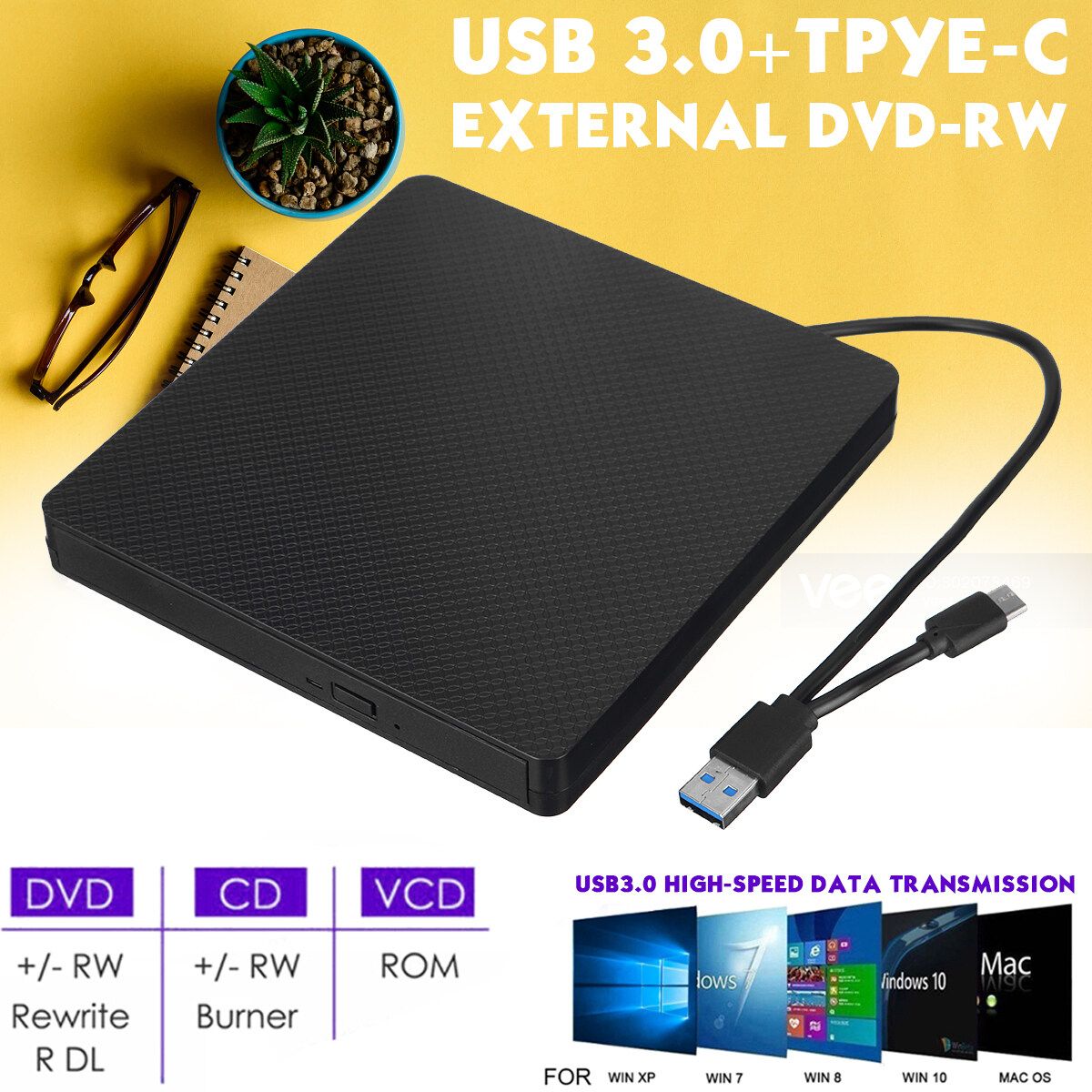 External CD DVD Drive USB 3.0 CD DVD Rom Rewriter Writer High Speed Data Transfer For Laptop/Desktops Win 7/8.1/10 And Linux OS