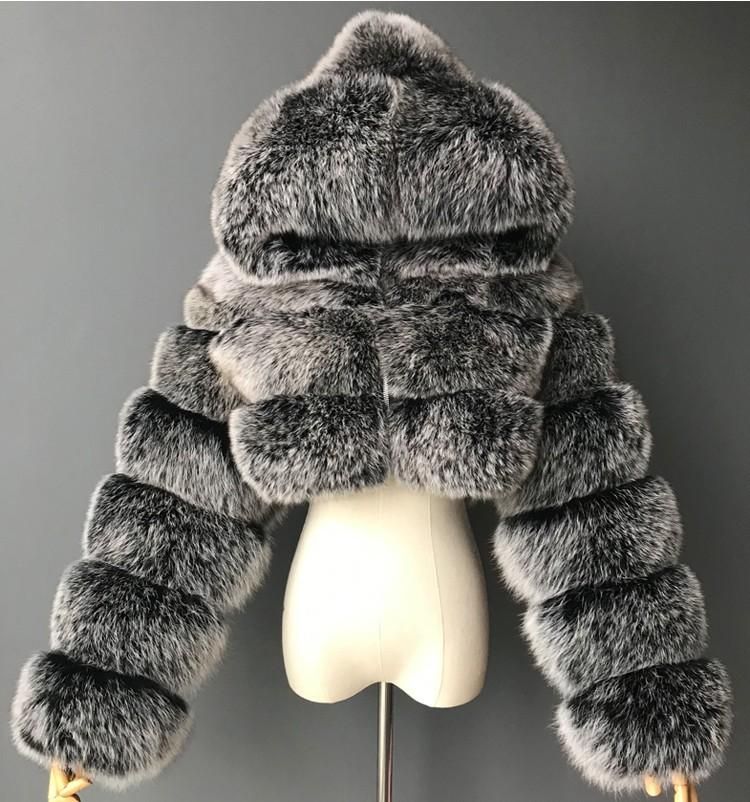 Fur jacket short hooded faux fur jacket faux fox fur long sleeved patchwork women's jacket