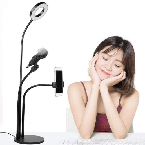 3-in-1 Cell Phone Holder With Mic & Selfie Ring Light + Live Stream Clip Holder