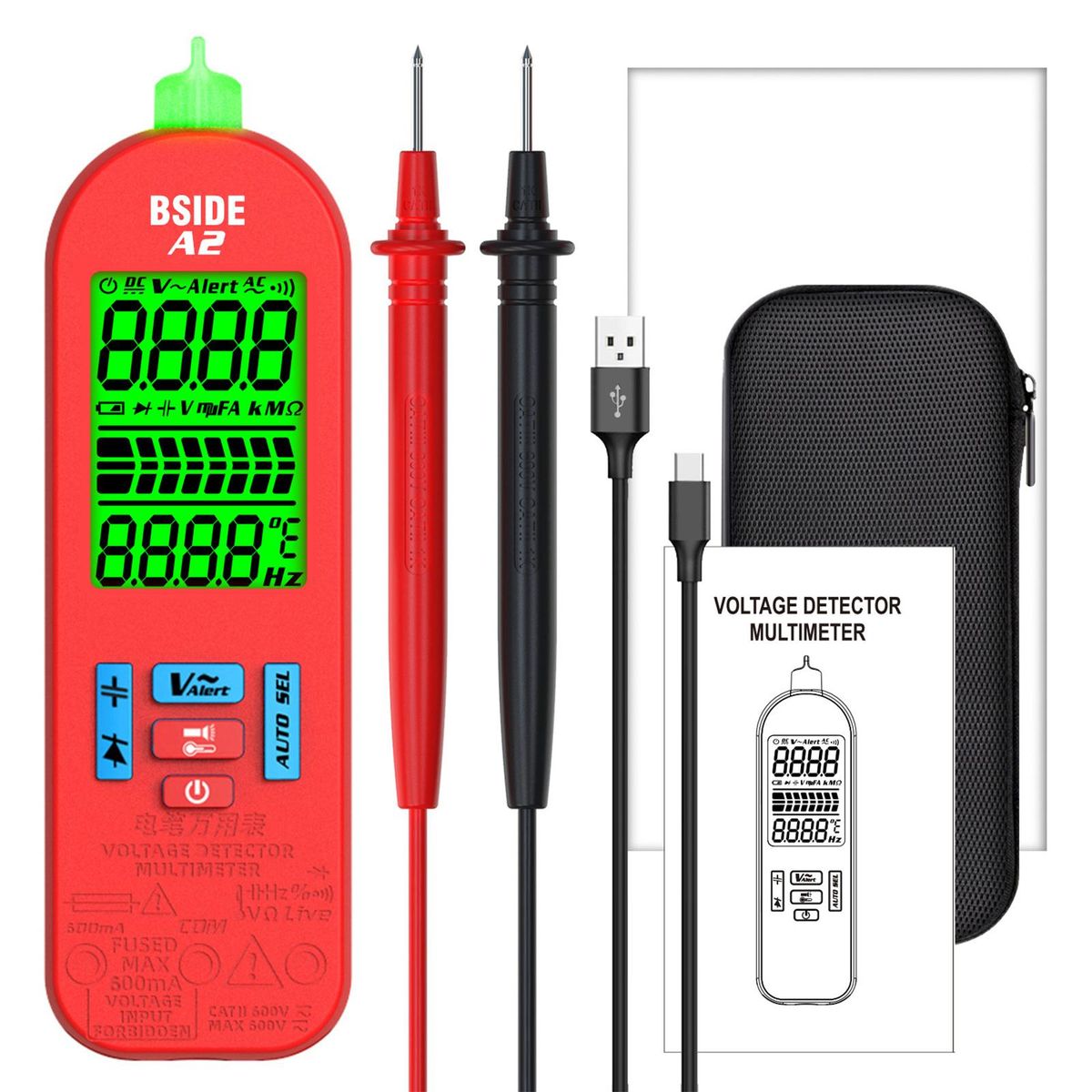 BSIDE A2 Mini Smart Digital Multimeter Auto Range 5999 Counts NCV Universal Meter Handheld Multifunctional Tester Voltmeter Ammeter with Backlight Flashlight AC/DC Voltage & Current Resistance Capacitance Frequency Temperature Measurement