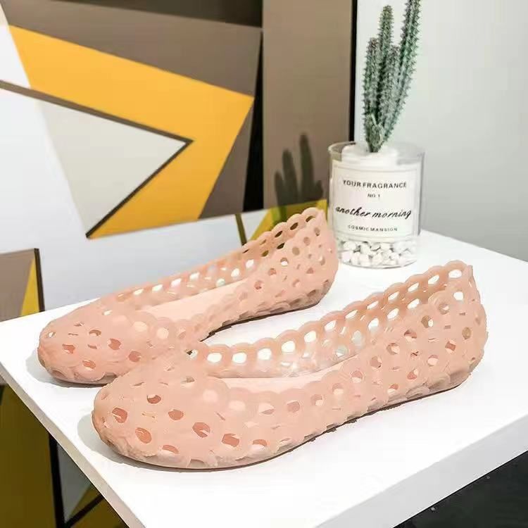 Rain Boots Women Shallow Low Top Flat Bottom Hollow Sandals Shoes Jelly Powder