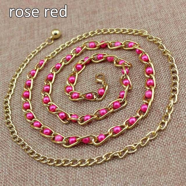 Fashion Elegant Ladies Metal Adjustable Thin Ladies Waist Chain Women Strap Dress Belt Pearl Decorative Clothess Accessories(#Rose Red)